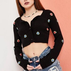 Current Mood Black Cardigan with Floral Accents